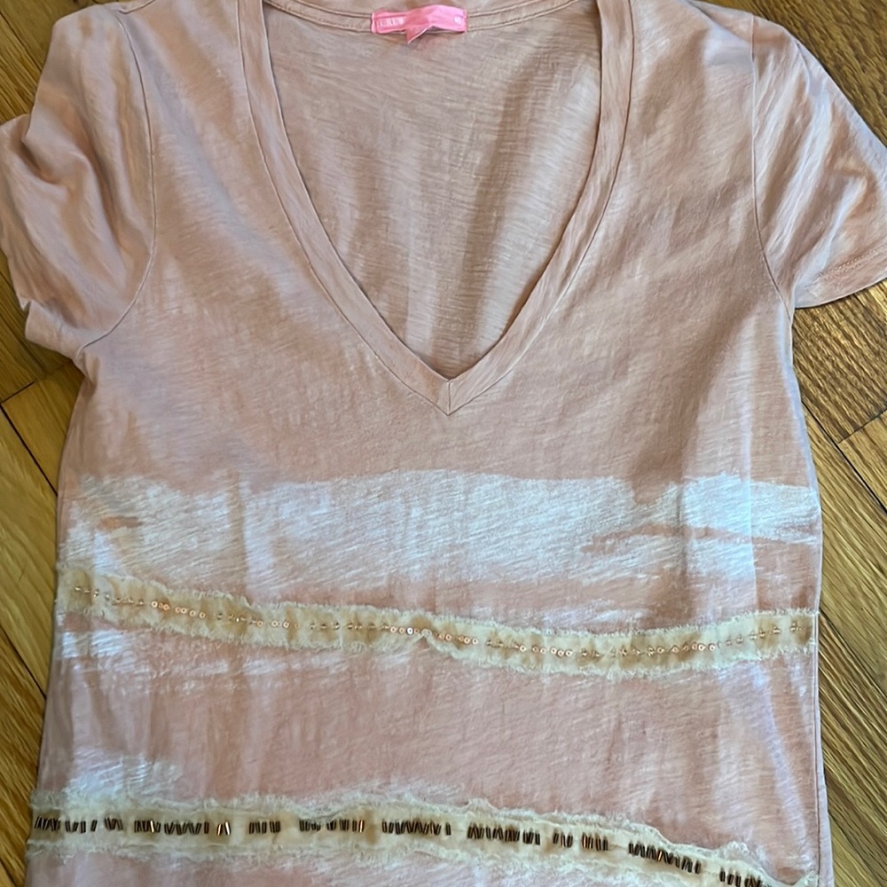 J Crew peach embellished Vneck tee, size SM